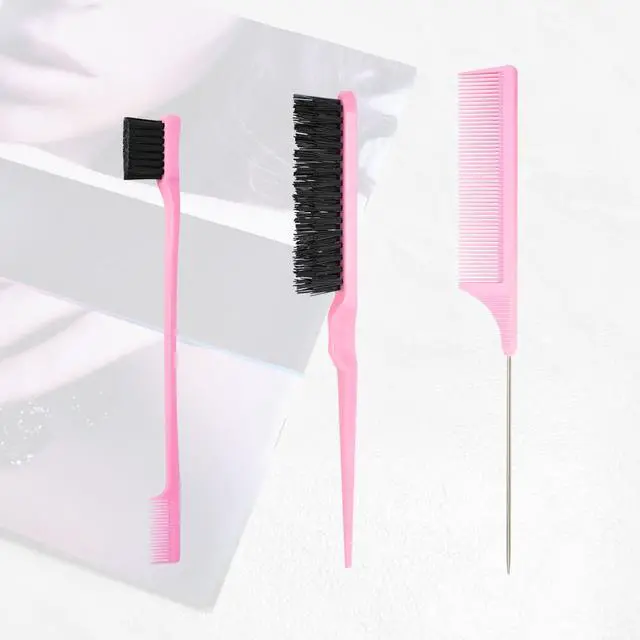 Alt view image 5 of 5 - 3 Pcs Slick Styling Hair Brush Set, Rat Tail Comb,Edge Bristle Brush, Teasing Brushes for Edge Back Brushing, Combing, Slicking Hair for Girls, Kids(Pink