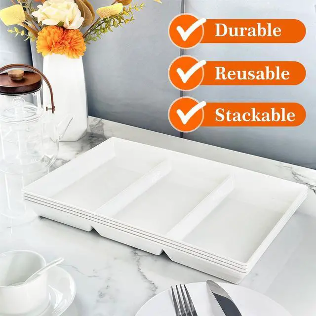 Alt view image 5 of 7 - Divided Serving Tray Platter, 4 Pack 15" x 10" Fruit Veggie Food Tray for Party, Plastic Serving Trays for Appetizer, Snack, Dessert, Cookie, Brunch Decorations Platters, White Trays BPA-Free