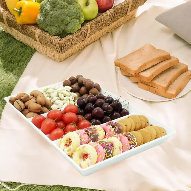 Alt view image 6 of 7 - Divided Serving Tray Platter, 4 Pack 15" x 10" Fruit Veggie Food Tray for Party, Plastic Serving Trays for Appetizer, Snack, Dessert, Cookie, Brunch Decorations Platters, White Trays BPA-Free