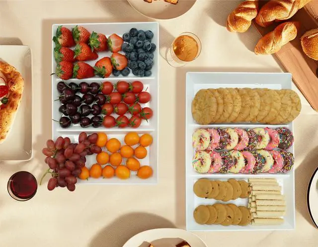 Alt view image 7 of 7 - Divided Serving Tray Platter, 4 Pack 15" x 10" Fruit Veggie Food Tray for Party, Plastic Serving Trays for Appetizer, Snack, Dessert, Cookie, Brunch Decorations Platters, White Trays BPA-Free