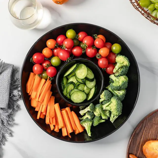 Alt view image 3 of 7 - Ceramic Chip and Dip Serving Set, 12 Inch Large Divided Bowls Set for Salsa, Veggies, Dip, Appetizers, Snacks, Candy, Fruits-Relish Trays for Parties and Entertaining, Black