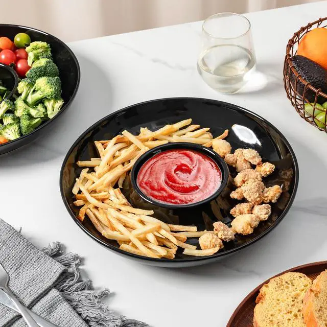 Alt view image 4 of 7 - Ceramic Chip and Dip Serving Set, 12 Inch Large Divided Bowls Set for Salsa, Veggies, Dip, Appetizers, Snacks, Candy, Fruits-Relish Trays for Parties and Entertaining, Black