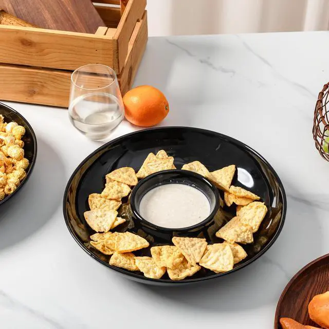 Alt view image 2 of 7 - Ceramic Chip and Dip Serving Set, 12 Inch Large Divided Bowls Set for Salsa, Veggies, Dip, Appetizers, Snacks, Candy, Fruits-Relish Trays for Parties and Entertaining, Black