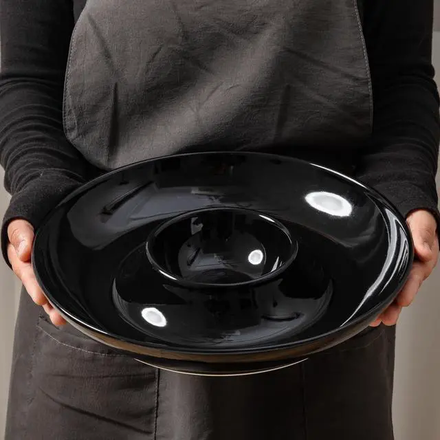 Alt view image 5 of 7 - Ceramic Chip and Dip Serving Set, 12 Inch Large Divided Bowls Set for Salsa, Veggies, Dip, Appetizers, Snacks, Candy, Fruits-Relish Trays for Parties and Entertaining, Black