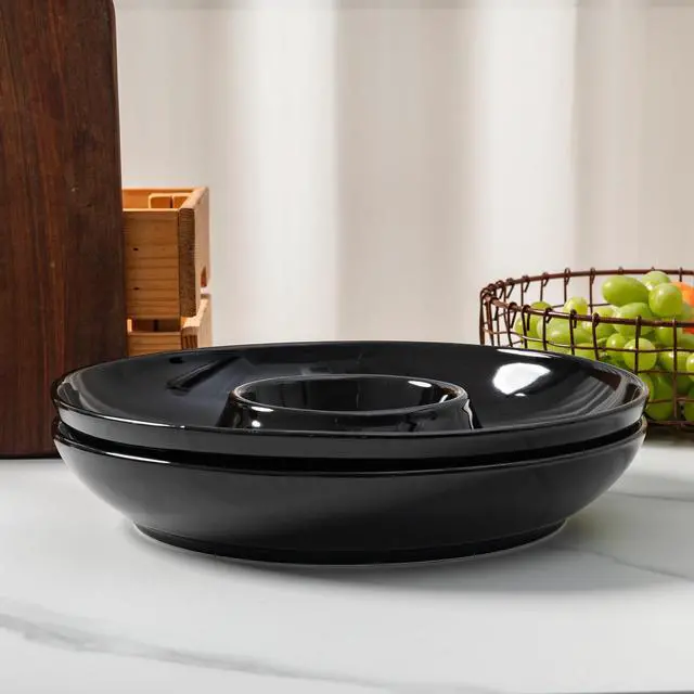 Alt view image 6 of 7 - Ceramic Chip and Dip Serving Set, 12 Inch Large Divided Bowls Set for Salsa, Veggies, Dip, Appetizers, Snacks, Candy, Fruits-Relish Trays for Parties and Entertaining, Black