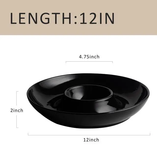 Alt view image 7 of 7 - Ceramic Chip and Dip Serving Set, 12 Inch Large Divided Bowls Set for Salsa, Veggies, Dip, Appetizers, Snacks, Candy, Fruits-Relish Trays for Parties and Entertaining, Black