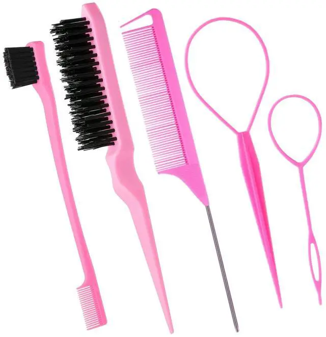 Main image of 5Pcs Slick Back Brush Set with Topsy Tail Tool, Teasing Bristle, Rat Comb for Women & Girls Hair Styling, Flyaways Control and Edge Combing - Pink