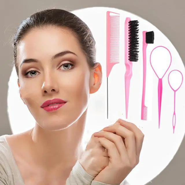 Alt view image 2 of 7 - 5Pcs Slick Back Brush Set with Topsy Tail Tool, Teasing Bristle, Rat Comb for Women & Girls Hair Styling, Flyaways Control and Edge Combing - Pink