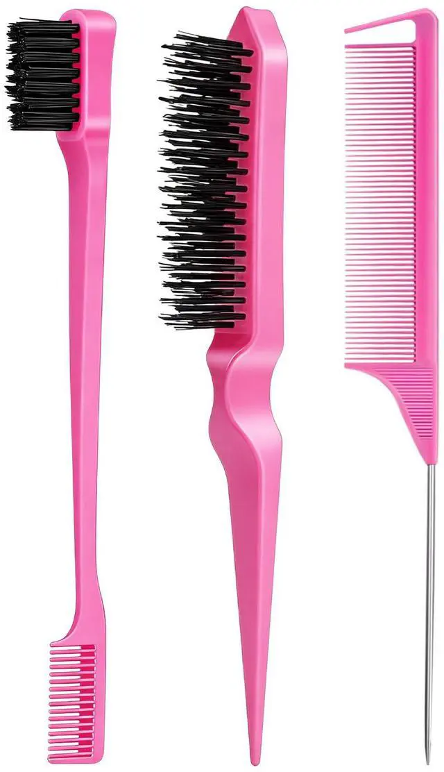 Main image of 3 Pieces Hair Styling Comb Set Teasing Brush Rat Tail Comb Edge Brush for Edge&Back Brushing, Combing, Slicking Hair for Women (Pink)