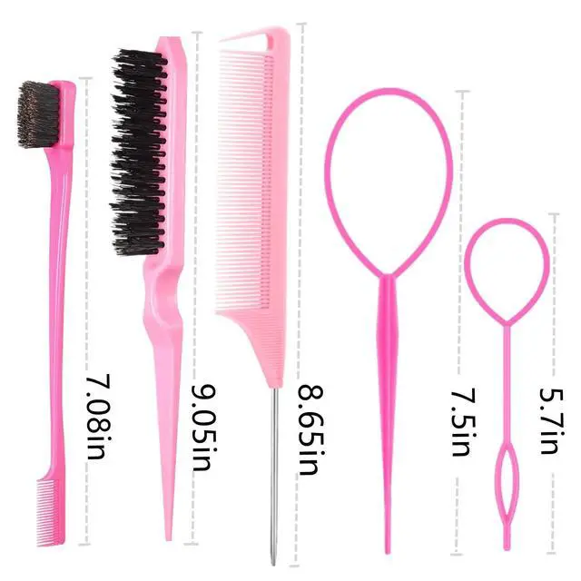 Alt view image 7 of 7 - 5Pcs Slick Back Brush Set with Topsy Tail Tool, Teasing Bristle, Rat Comb for Women & Girls Hair Styling, Flyaways Control and Edge Combing - Pink