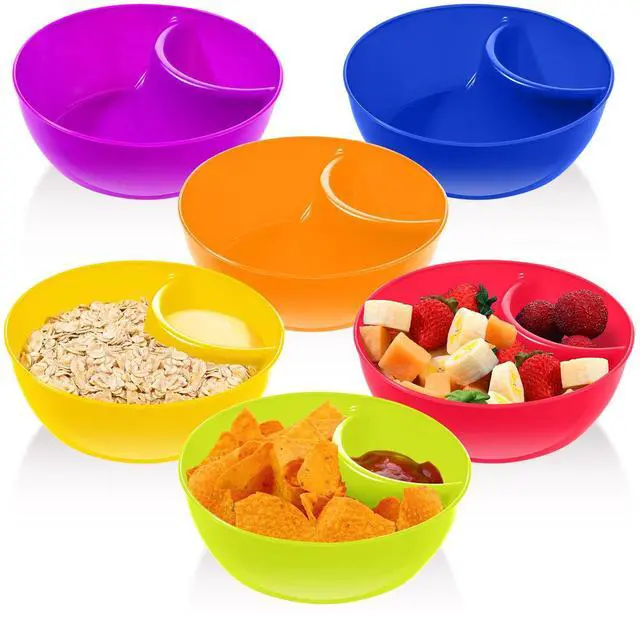 Main image of Snack and Dip Bowls, Chips Serving Bowls Anti Soggy Divided Bowl plastic Stackable Dish Microwave and Dishwasher Safe Container for Chips, Dips Snacks Salsa Salad Nuts, 6 Colors (6 Pcs)