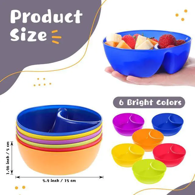 Alt view image 2 of 7 - Snack and Dip Bowls, Chips Serving Bowls Anti Soggy Divided Bowl plastic Stackable Dish Microwave and Dishwasher Safe Container for Chips, Dips Snacks Salsa Salad Nuts, 6 Colors (6 Pcs)