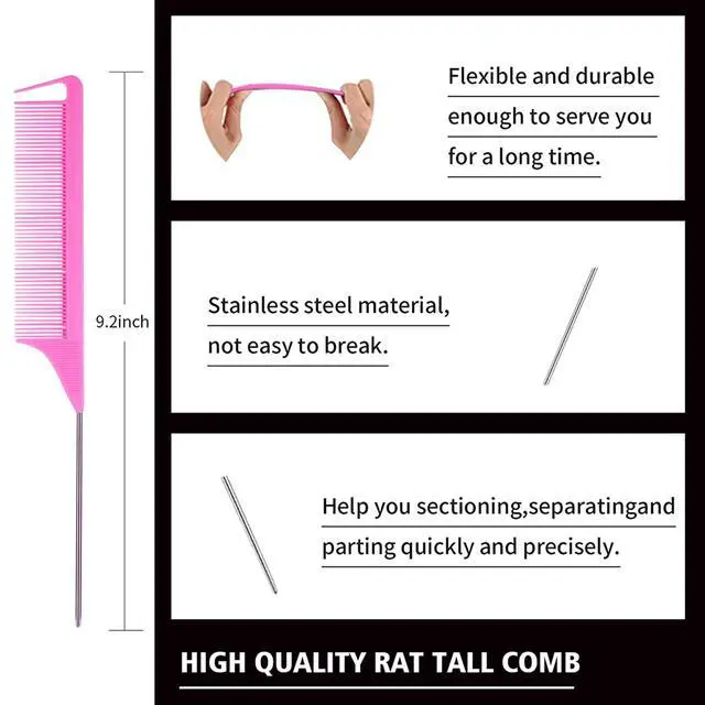 Alt view image 4 of 7 - 3 Pieces Hair Styling Comb Set Teasing Brush Rat Tail Comb Edge Brush for Edge&Back Brushing, Combing, Slicking Hair for Women (Pink)