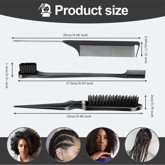 Alt view image 2 of 6 - 3 Pcs Slick Back Hair Brush, Rat Tail Comb, Edge | Bristle Brush, Hair Accessories for Girls, Kids, Toddlers Sleek Ponytail/Bun, Edge Control and Smoothing Baby Hair & Flyaways