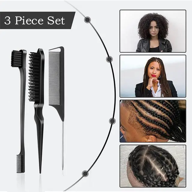 Alt view image 3 of 6 - 3 Pcs Slick Back Hair Brush, Rat Tail Comb, Edge | Bristle Brush, Hair Accessories for Girls, Kids, Toddlers Sleek Ponytail/Bun, Edge Control and Smoothing Baby Hair & Flyaways