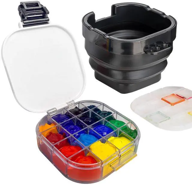 Main image of Paint Palette, Airtight 16 Wells Storage Palette Box with Lid and Folding Paint Brush Basin for Watercolor, Gouache and Acrylic Painting (Black)