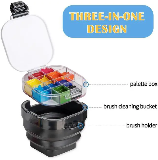 Alt view image 2 of 7 - Paint Palette, Airtight 16 Wells Storage Palette Box with Lid and Folding Paint Brush Basin for Watercolor, Gouache and Acrylic Painting (Black)