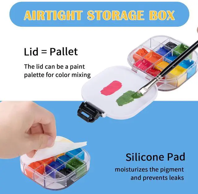 Alt view image 4 of 7 - Paint Palette, Airtight 16 Wells Storage Palette Box with Lid and Folding Paint Brush Basin for Watercolor, Gouache and Acrylic Painting (Black)