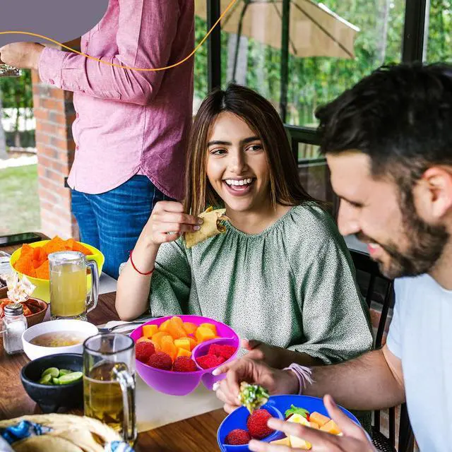 Alt view image 7 of 7 - Snack and Dip Bowls, Chips Serving Bowls Anti Soggy Divided Bowl plastic Stackable Dish Microwave and Dishwasher Safe Container for Chips, Dips Snacks Salsa Salad Nuts, 6 Colors (6 Pcs)