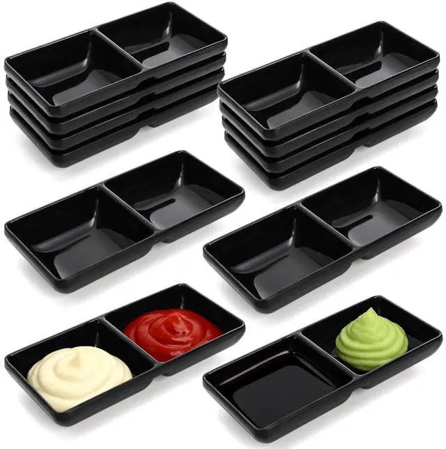 Main image of 12 Pieces Dual Dipping Sauce Bowls, Melamine Soy Sauce Dish with 2 Compartments, Divided Fondue Plate Appetizer Plate for Restaurant Kitchen Parties Condiments Sauce Ketchup Dishwasher Safe