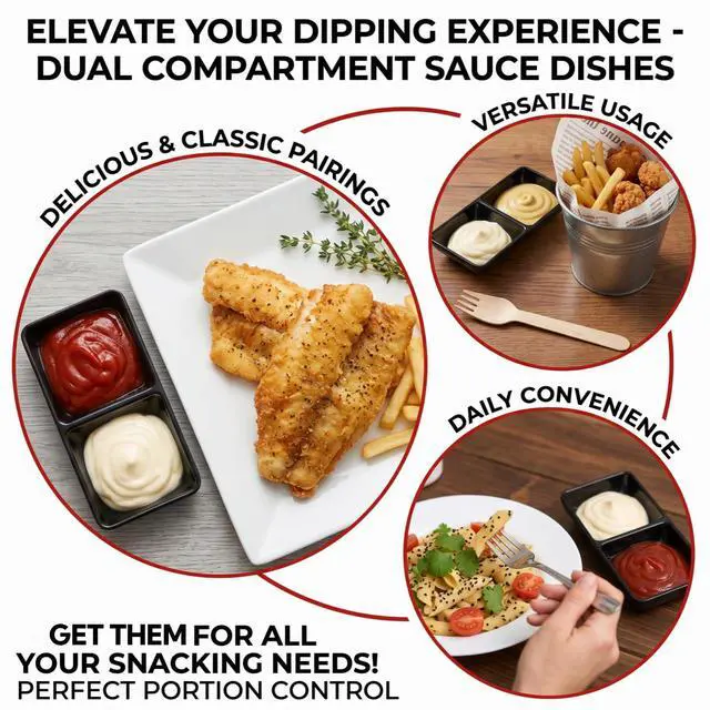 Alt view image 5 of 7 - 12 Pieces Dual Dipping Sauce Bowls, Melamine Soy Sauce Dish with 2 Compartments, Divided Fondue Plate Appetizer Plate for Restaurant Kitchen Parties Condiments Sauce Ketchup Dishwasher Safe