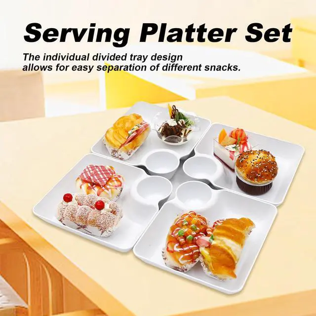Alt view image 6 of 7 - 4 Pcs Split Party Platter Chips and Dip Serving Dish (5.9"x5.9") Serving Trays for Entertaining with Sauce Holder for Salad Dumpling (White)