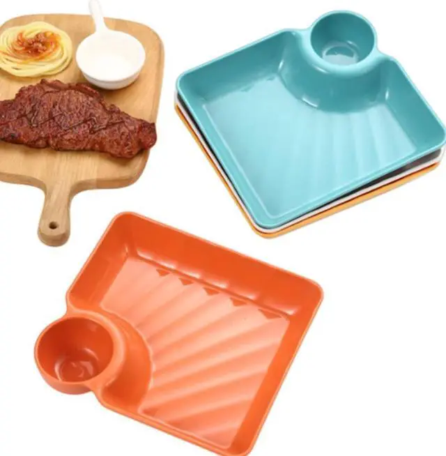 Alt view image 3 of 6 - 4pcs Dumpling Plate,Plastic Plates with Dipping Saucer,Dumpling Plates with Sauce Compartment for Party Chips,Sushi, Dumpling, Snack(4 Colors)