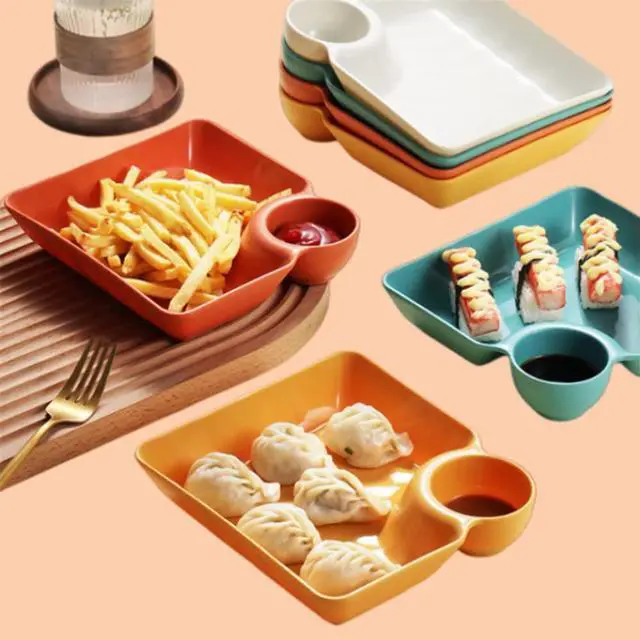Alt view image 4 of 6 - 4pcs Dumpling Plate,Plastic Plates with Dipping Saucer,Dumpling Plates with Sauce Compartment for Party Chips,Sushi, Dumpling, Snack(4 Colors)