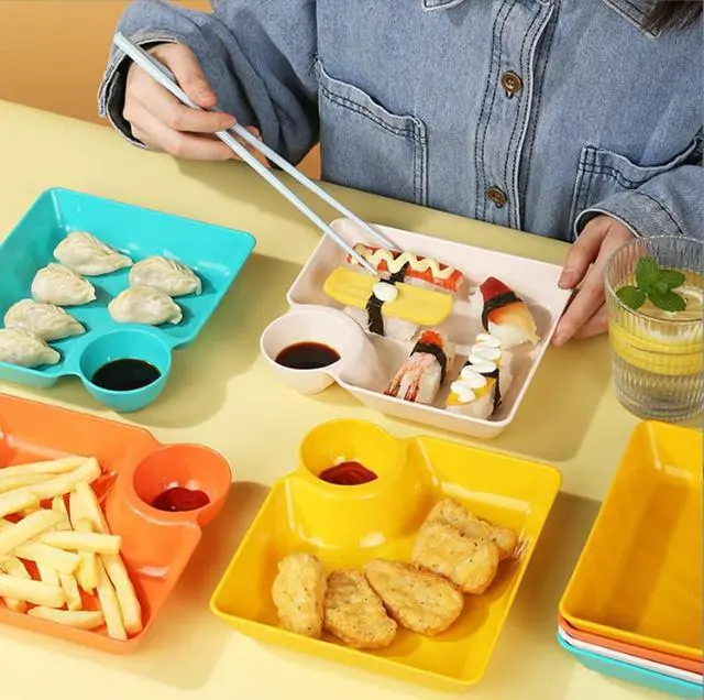 Alt view image 5 of 6 - 4pcs Dumpling Plate,Plastic Plates with Dipping Saucer,Dumpling Plates with Sauce Compartment for Party Chips,Sushi, Dumpling, Snack(4 Colors)