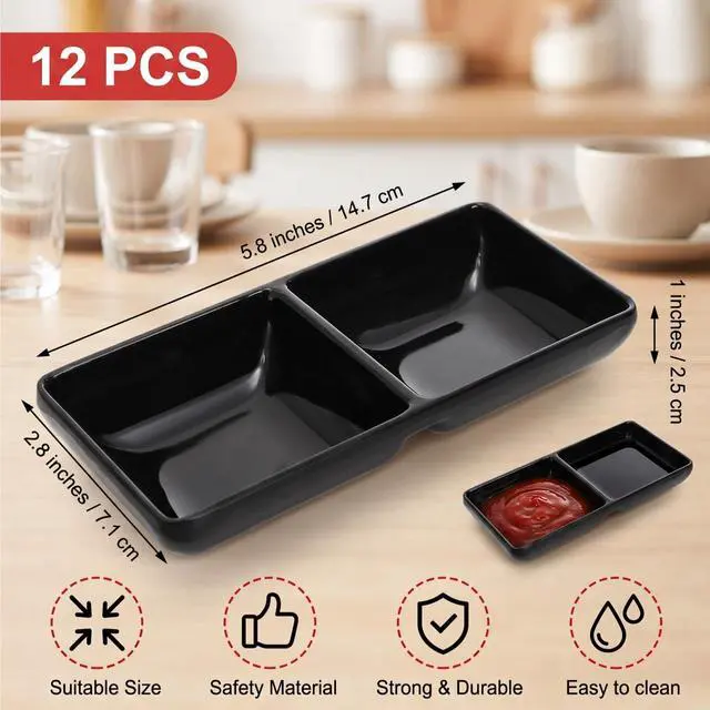 Alt view image 2 of 7 - 12 Pieces Dual Dipping Sauce Bowls, Melamine Soy Sauce Dish with 2 Compartments, Divided Fondue Plate Appetizer Plate for Restaurant Kitchen Parties Condiments Sauce Ketchup Dishwasher Safe
