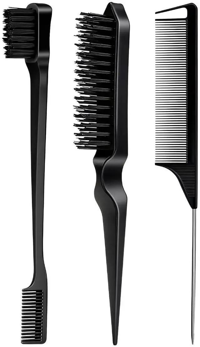Main image of 3 Pieces Hair Styling Comb Set Teasing Brush Rat Tail Comb Edge Brush for Edge&Back Brushing, Combing, Slicking Hair for Women (Black)