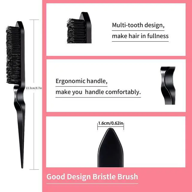Alt view image 3 of 7 - 3 Pieces Hair Styling Comb Set Teasing Brush Rat Tail Comb Edge Brush for Edge&Back Brushing, Combing, Slicking Hair for Women (Black)