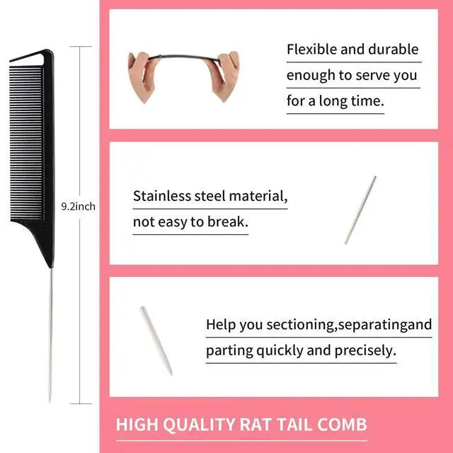 Alt view image 4 of 7 - 3 Pieces Hair Styling Comb Set Teasing Brush Rat Tail Comb Edge Brush for Edge&Back Brushing, Combing, Slicking Hair for Women (Black)
