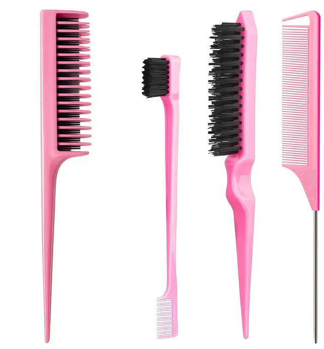 Main image of Hair Brush Set, Pink, 4 Piece, Three-Row Teasing Comb, Edge Brush, Rat Tail Comb for Women and Girls Styling