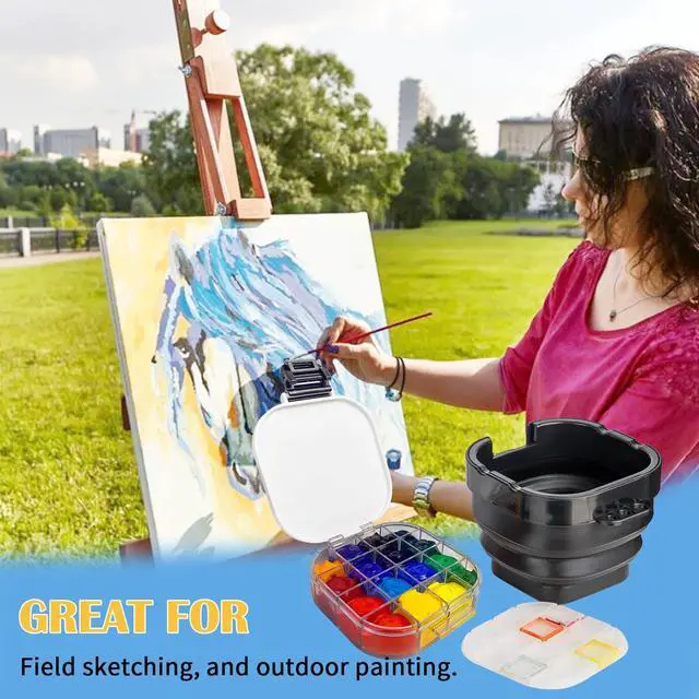 Alt view image 6 of 7 - Paint Palette, Airtight 16 Wells Storage Palette Box with Lid and Folding Paint Brush Basin for Watercolor, Gouache and Acrylic Painting (Black)