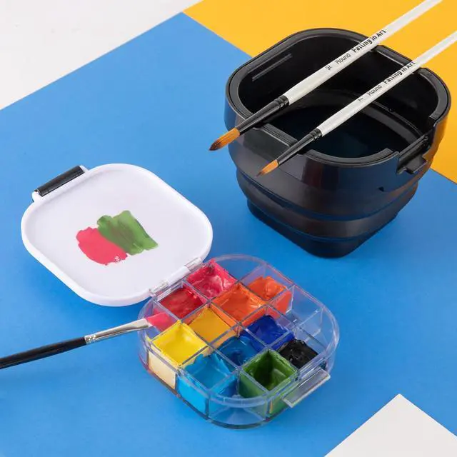 Alt view image 7 of 7 - Paint Palette, Airtight 16 Wells Storage Palette Box with Lid and Folding Paint Brush Basin for Watercolor, Gouache and Acrylic Painting (Black)