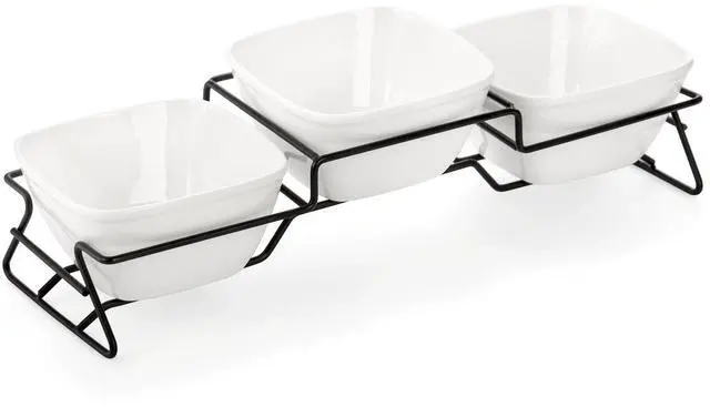 Main image of 10 oz Square Bowl Chip & Dip Serving Set, Pocelain Ramekin Bowls with Metal Rack Stand, White Small Serving Dishes, Condiment Serving Tray for Entertaining, Party, Buffets, Christmas