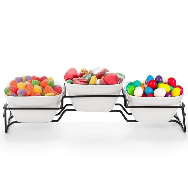 Alt view image 5 of 7 - 10 oz Square Bowl Chip & Dip Serving Set, Pocelain Ramekin Bowls with Metal Rack Stand, White Small Serving Dishes, Condiment Serving Tray for Entertaining, Party, Buffets, Christmas