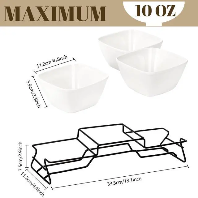 Alt view image 2 of 7 - 10 oz Square Bowl Chip & Dip Serving Set, Pocelain Ramekin Bowls with Metal Rack Stand, White Small Serving Dishes, Condiment Serving Tray for Entertaining, Party, Buffets, Christmas
