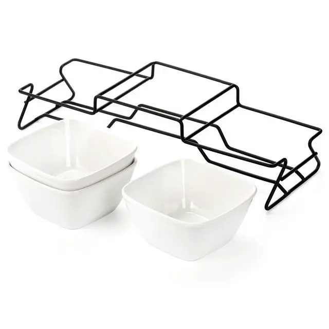 Alt view image 3 of 7 - 10 oz Square Bowl Chip & Dip Serving Set, Pocelain Ramekin Bowls with Metal Rack Stand, White Small Serving Dishes, Condiment Serving Tray for Entertaining, Party, Buffets, Christmas