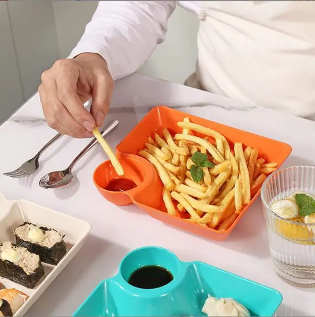 Alt view image 6 of 6 - 4pcs Dumpling Plate,Plastic Plates with Dipping Saucer,Dumpling Plates with Sauce Compartment for Party Chips,Sushi, Dumpling, Snack(4 Colors)
