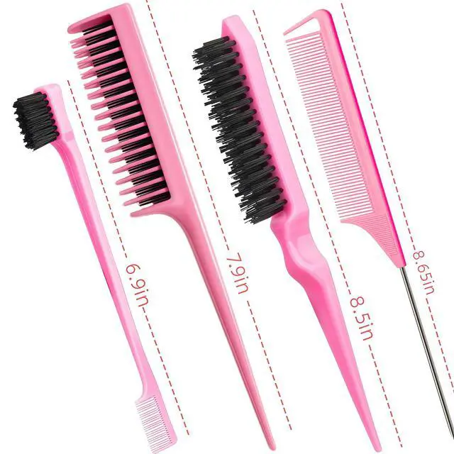 Alt view image 2 of 7 - Hair Brush Set, Pink, 4 Piece, Three-Row Teasing Comb, Edge Brush, Rat Tail Comb for Women and Girls Styling