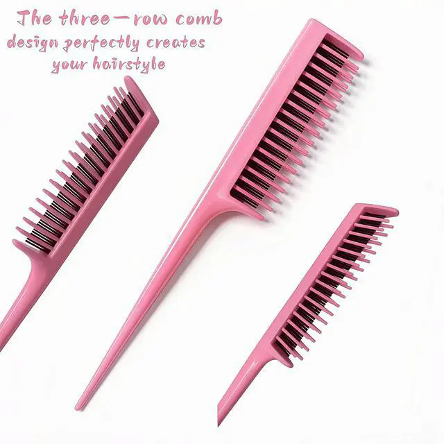 Alt view image 3 of 7 - Hair Brush Set, Pink, 4 Piece, Three-Row Teasing Comb, Edge Brush, Rat Tail Comb for Women and Girls Styling