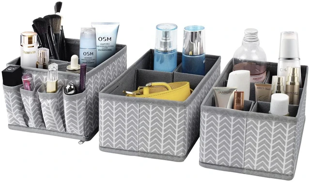 Main image of Cosmetic Storage Bins Makeup Organizer, Adjustable Multifunction Storage Box Desk Drawer Divider for Makeup Brushes, Bathroom Countertop or Dresser, Set of 3 (Grey)