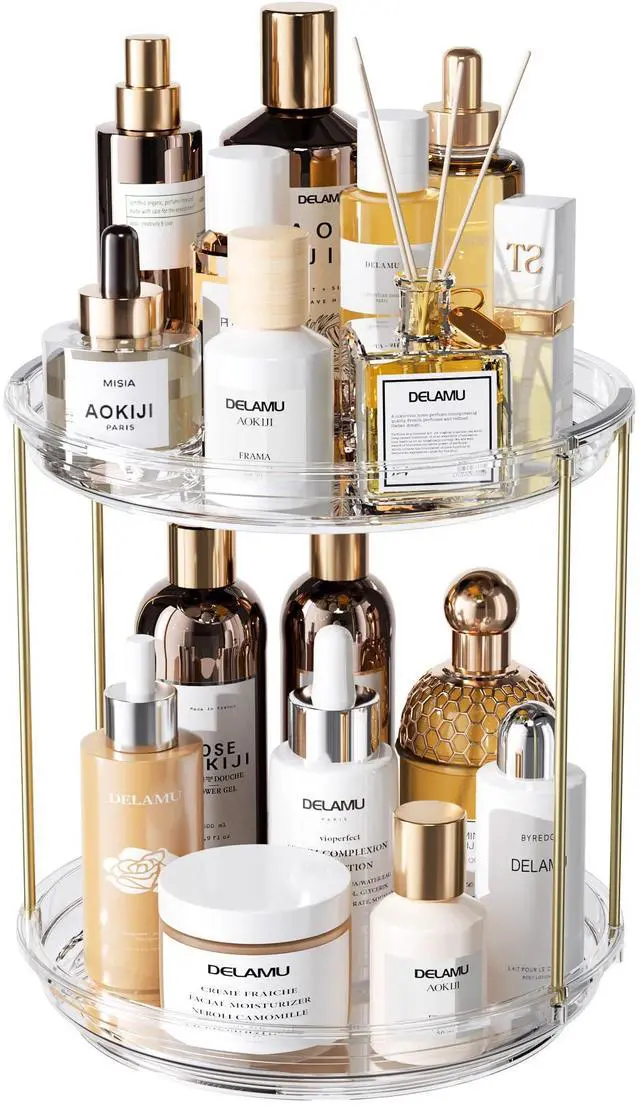 Main image of Rotating Makeup Organizer for Vanity, 2 Tier Bathroom Counter Organizer with Stackable Design, Spinning Skincare Organizer for Bathroom Countertop, Perfume Cosmetic Storage, Clear