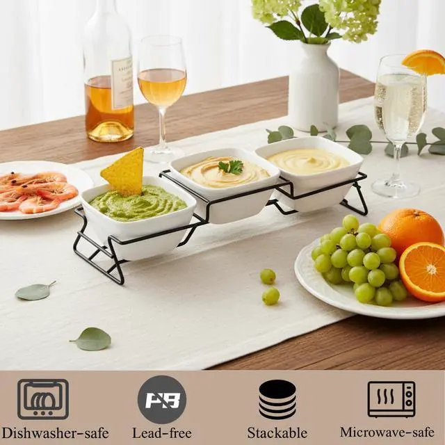 Alt view image 6 of 7 - 10 oz Square Bowl Chip & Dip Serving Set, Pocelain Ramekin Bowls with Metal Rack Stand, White Small Serving Dishes, Condiment Serving Tray for Entertaining, Party, Buffets, Christmas