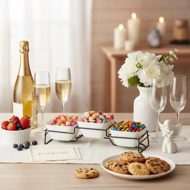 Alt view image 7 of 7 - 10 oz Square Bowl Chip & Dip Serving Set, Pocelain Ramekin Bowls with Metal Rack Stand, White Small Serving Dishes, Condiment Serving Tray for Entertaining, Party, Buffets, Christmas