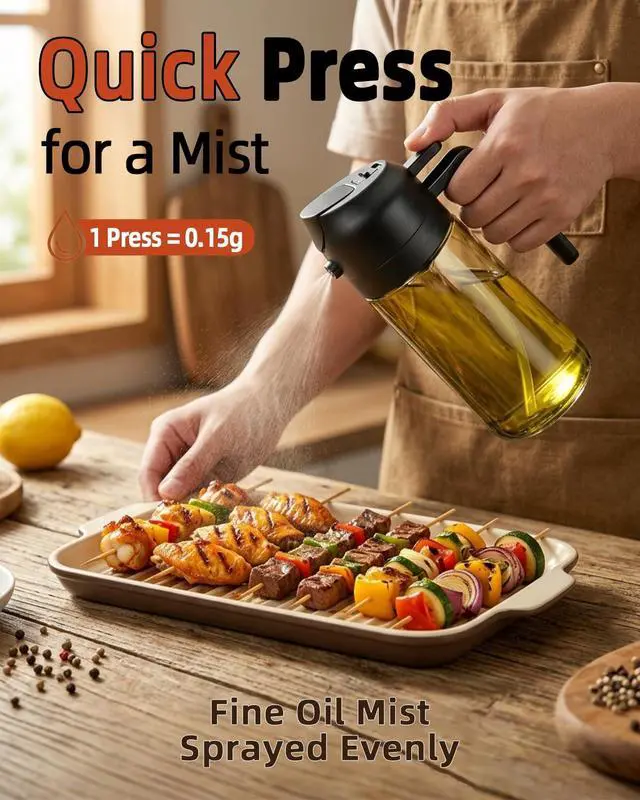 Alt view image 3 of 7 - 16oz/470ml Oil Sprayer for Cooking, 2 in 1 Oil Dispenser for Kitchen, Olive Oil Sprayer, Food Grade Glass Bottle for Kitchen Gadgets, Air Fryer Accessories, Salad, BBQ (Black)