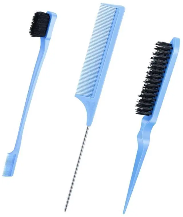 Main image of 3 Pcs Slick Back Hair Brush, Bristle Brush Edge Control Teasing Comb for Women Black Hair (Blue)
