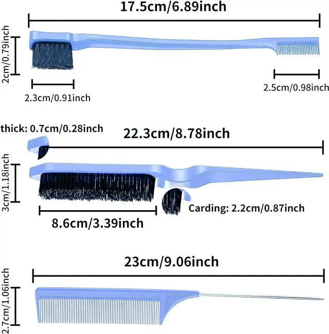 Alt view image 3 of 6 - 3 Pcs Slick Back Hair Brush, Bristle Brush Edge Control Teasing Comb for Women Black Hair (Blue)